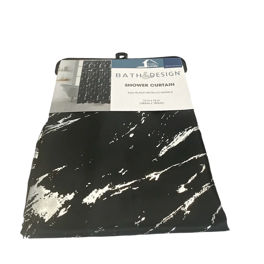 Today’s Living Black Marble Metallic Silver Fabric Shower Curtain 72 in X 72 in